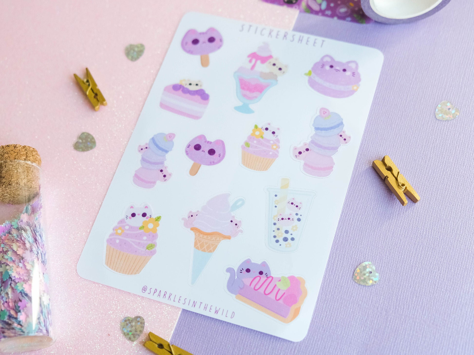Stickersheet pastel colors water resistant Kawaii Sweets and Bobba with cute cat perfect to decorate bujo and planner
