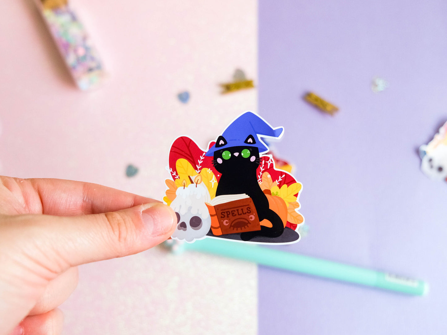 Sticker water resistant Black cat Witch with skulls and potion with Fall colors perfect to decorate your planner