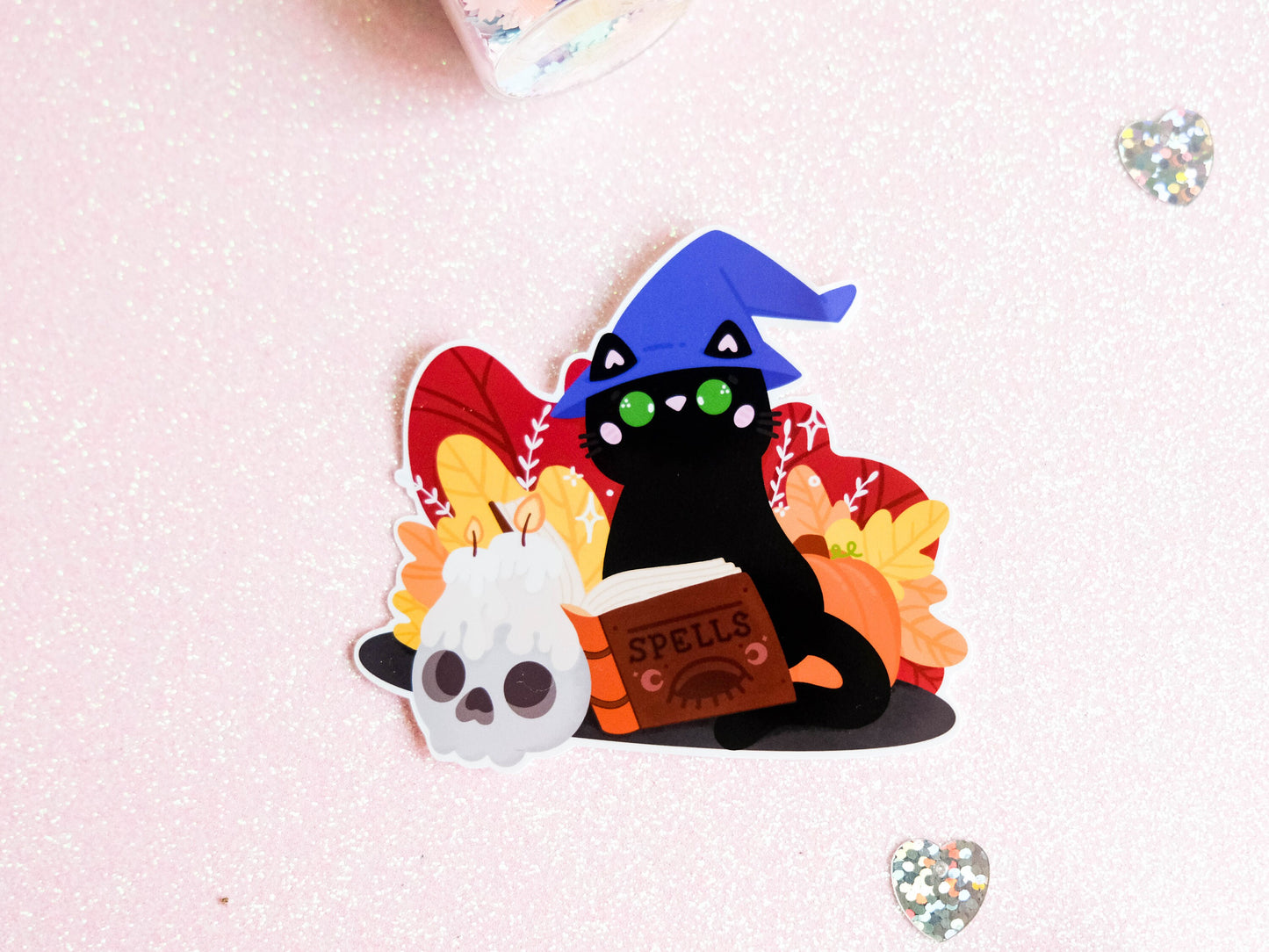 Sticker water resistant Black cat Witch with skulls and potion with Fall colors perfect to decorate your planner