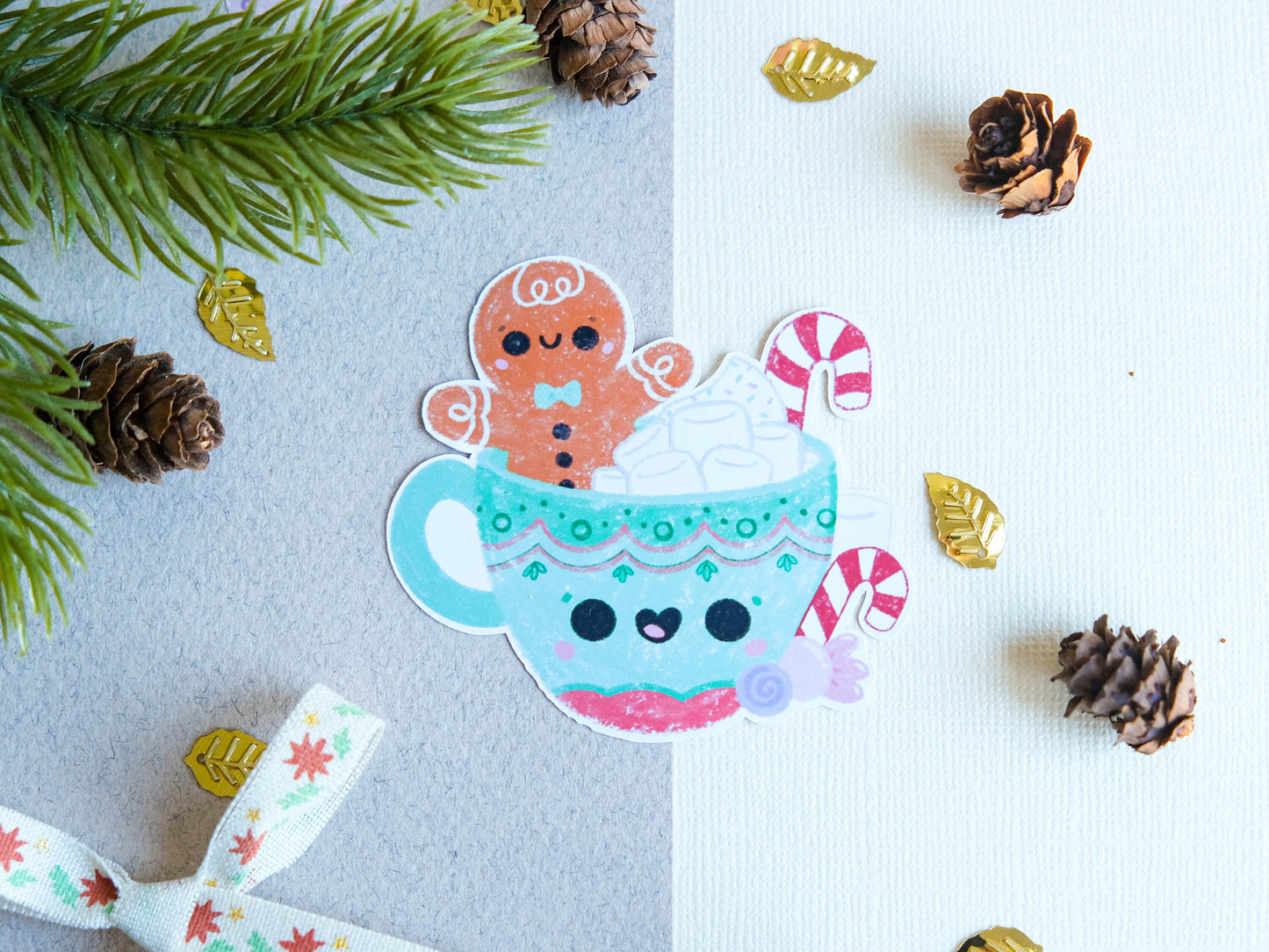 Sticker matte Cute Gingerbread Biscuit with Marshmallow mug for Christmas perfect to decorate every surface to celebrate the Holidays