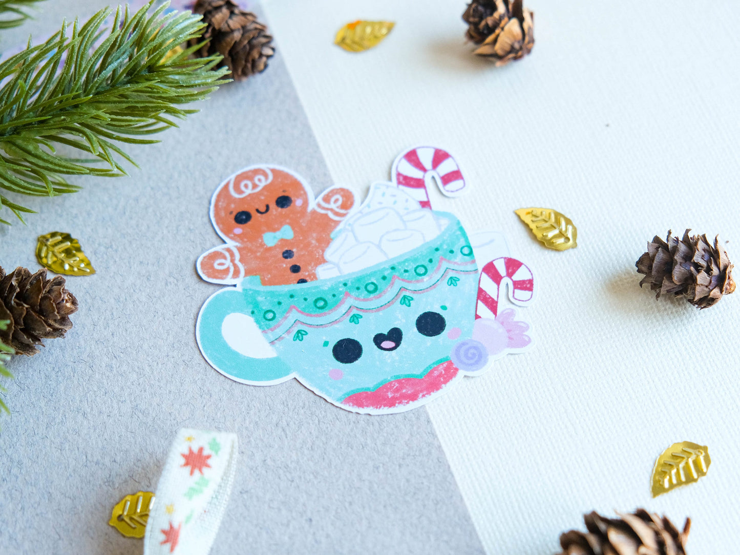 Sticker matte Cute Gingerbread Biscuit with Marshmallow mug for Christmas perfect to decorate every surface to celebrate the Holidays