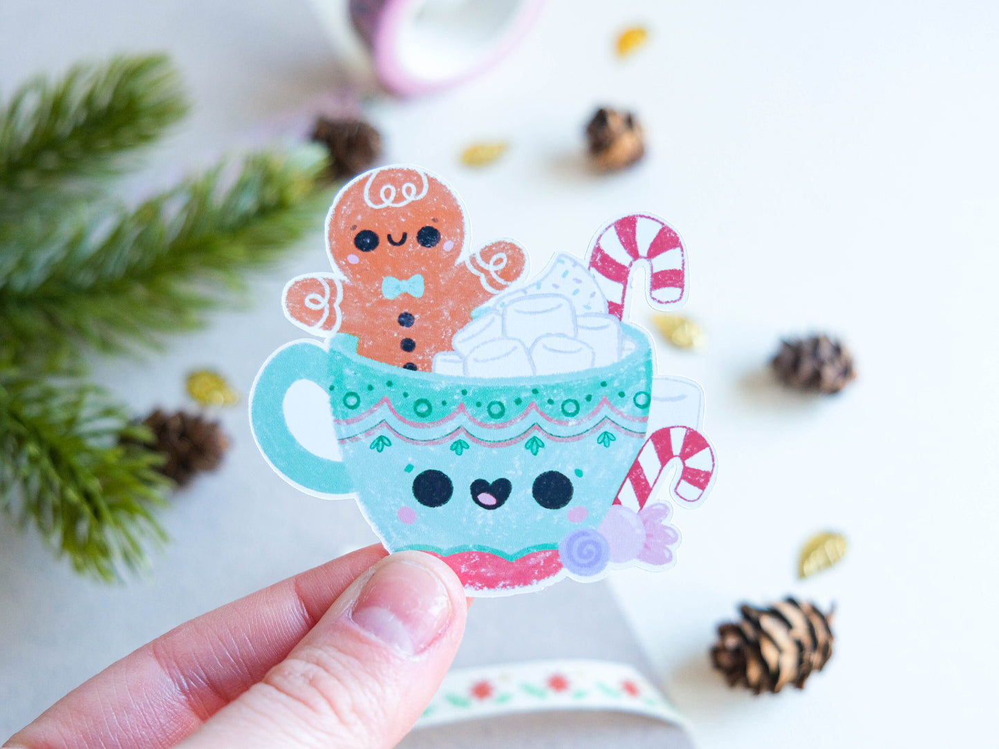 Sticker matte Cute Gingerbread Biscuit with Marshmallow mug for Christmas perfect to decorate every surface to celebrate the Holidays