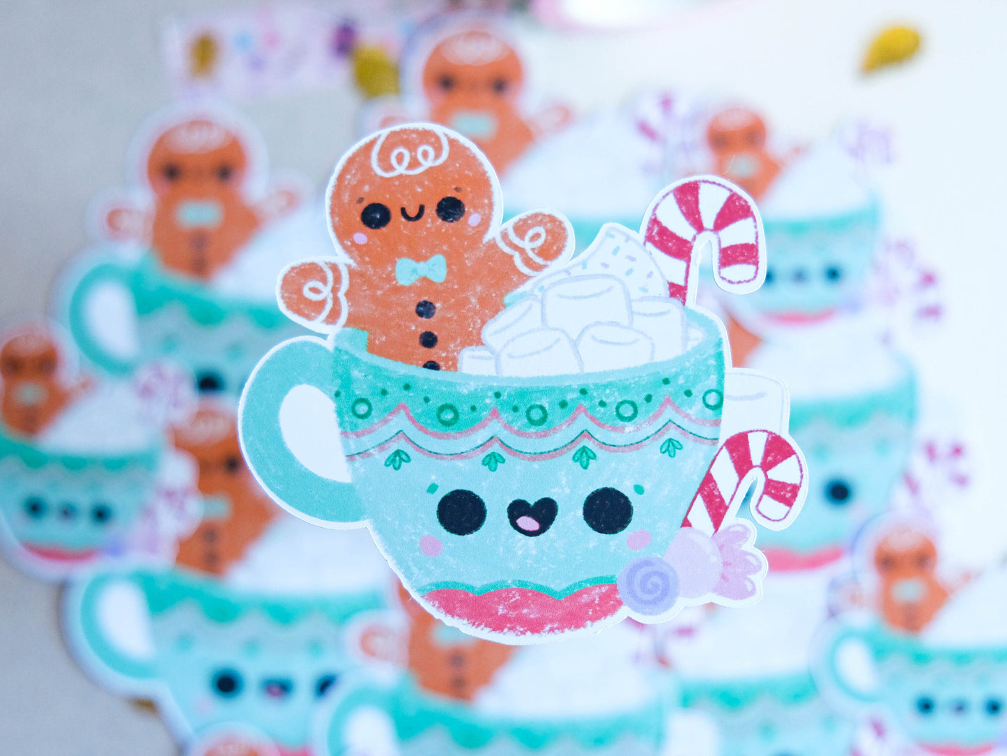 Sticker matte Cute Gingerbread Biscuit with Marshmallow mug for Christmas perfect to decorate every surface to celebrate the Holidays