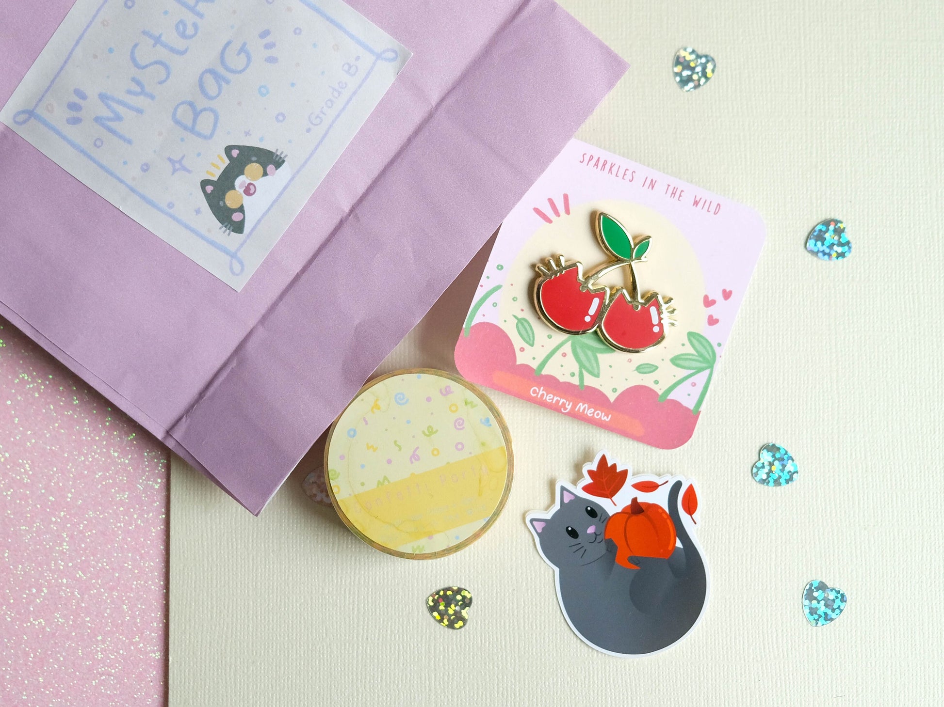 Mystery bag B-grade pack with Enamel Pin, Was Tape and Die-cut Sticker perfect for gift
