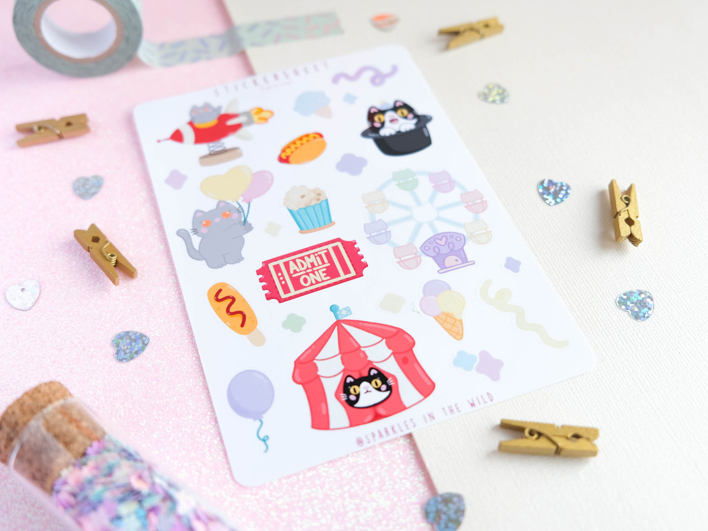 Stickersheet with pastel colors Carnival and Circus with cute little cats perfect to decorate your bujo and planner