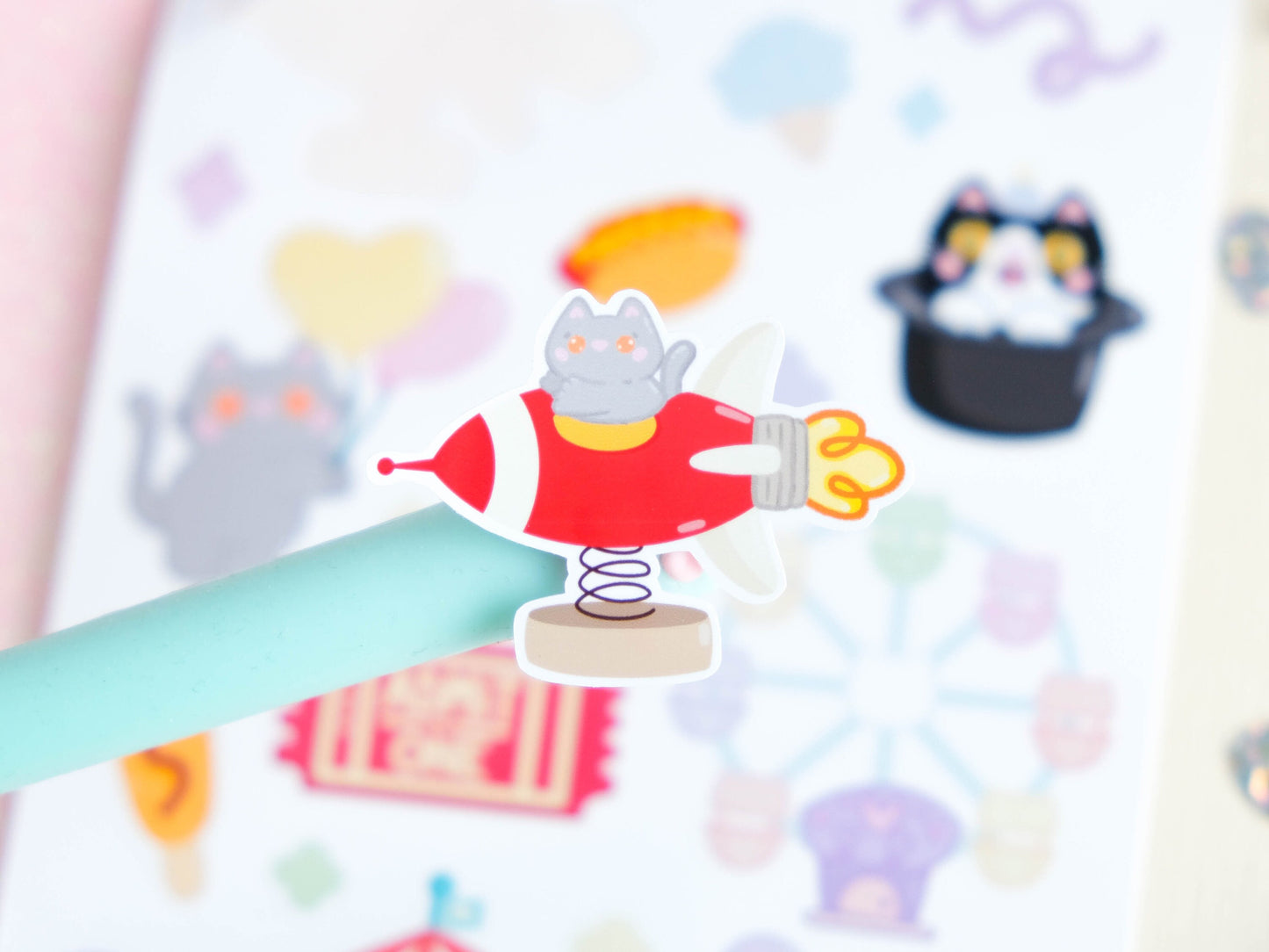 Stickersheet with pastel colors Carnival and Circus with cute little cats perfect to decorate your bujo and planner