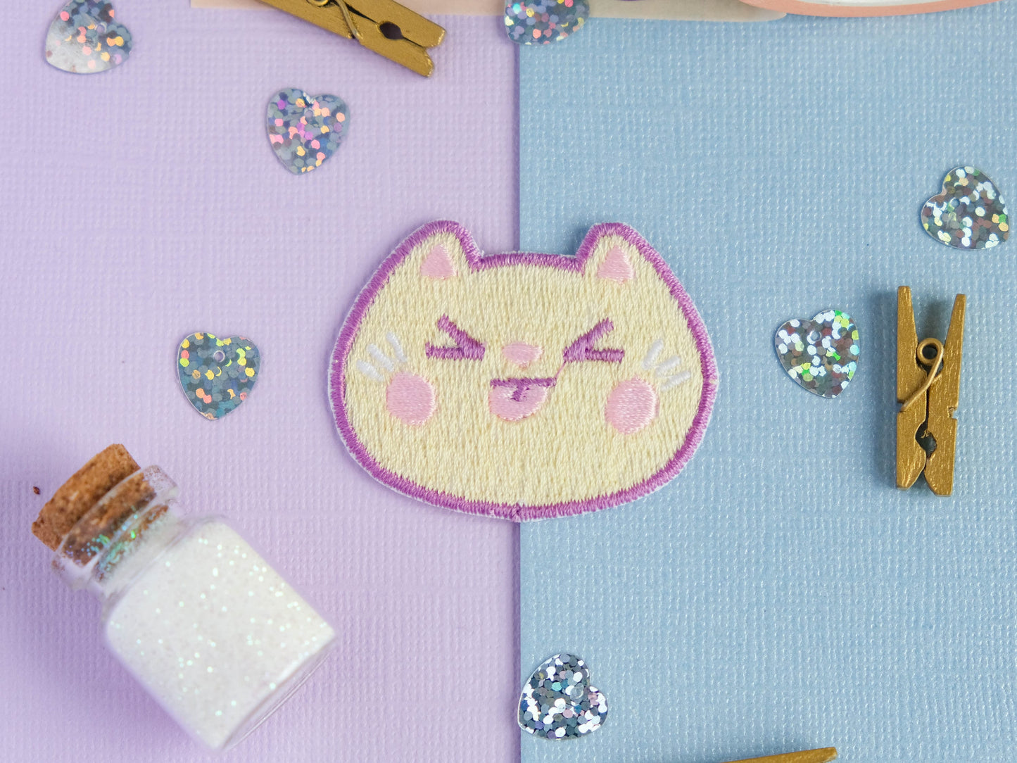 Cute patch iron-on embroidery cute yellow cheeky cat with his tongue out to decorate jackets and jeans
