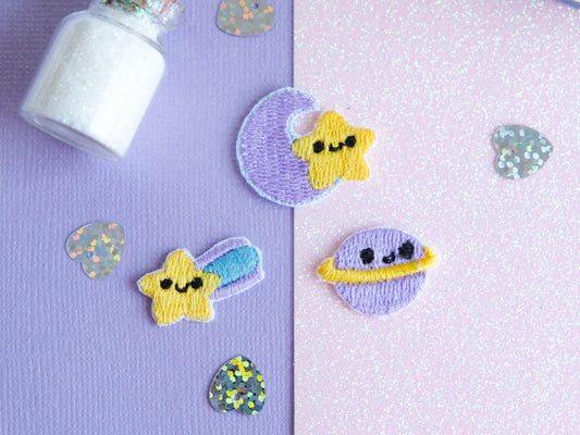 Pack mini patch iron-on embroidery cute galaxy with stars and planets to decorate jackets and jeans