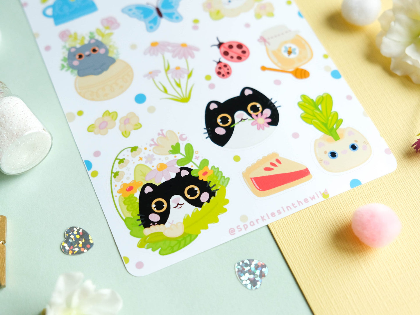 Sticker sheet water resistant colorful Spring with flowers and cats perfect for Bullet Journal and planner