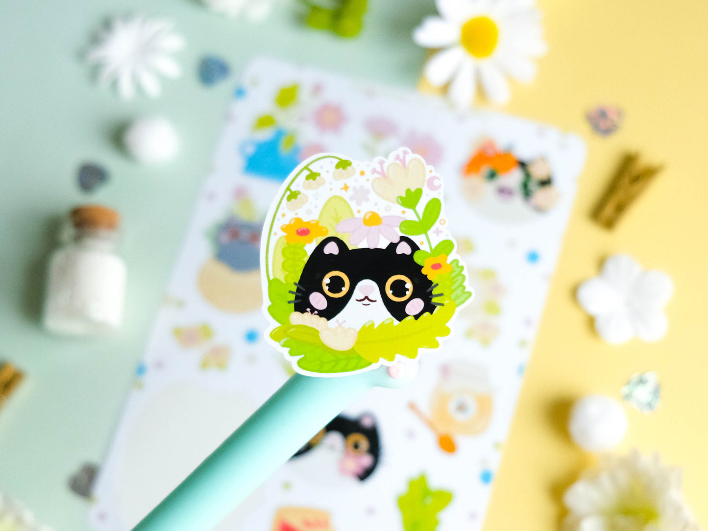 Sticker sheet water resistant colorful Spring with flowers and cats perfect for Bullet Journal and planner