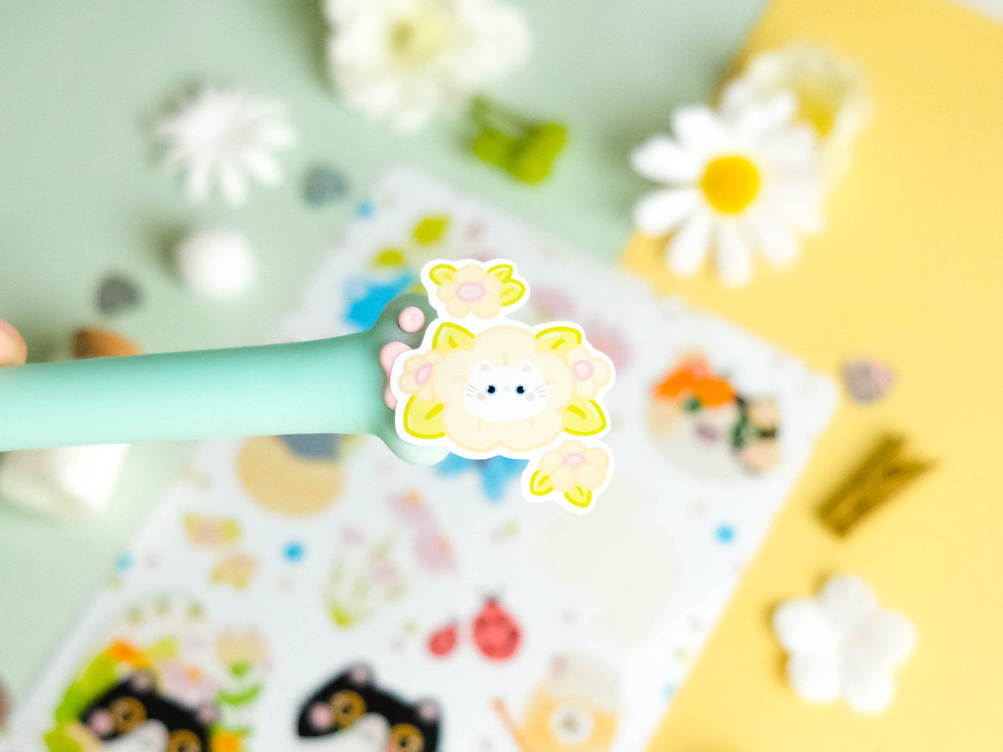 Sticker sheet water resistant colorful Spring with flowers and cats perfect for Bullet Journal and planner