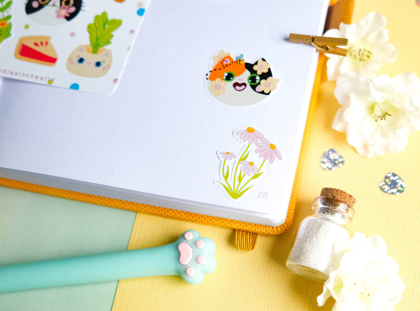 Sticker sheet water resistant colorful Spring with flowers and cats perfect for Bullet Journal and planner
