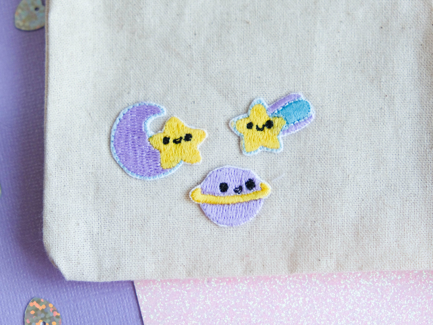 Pack mini patch iron-on embroidery cute galaxy with stars and planets to decorate jackets and jeans