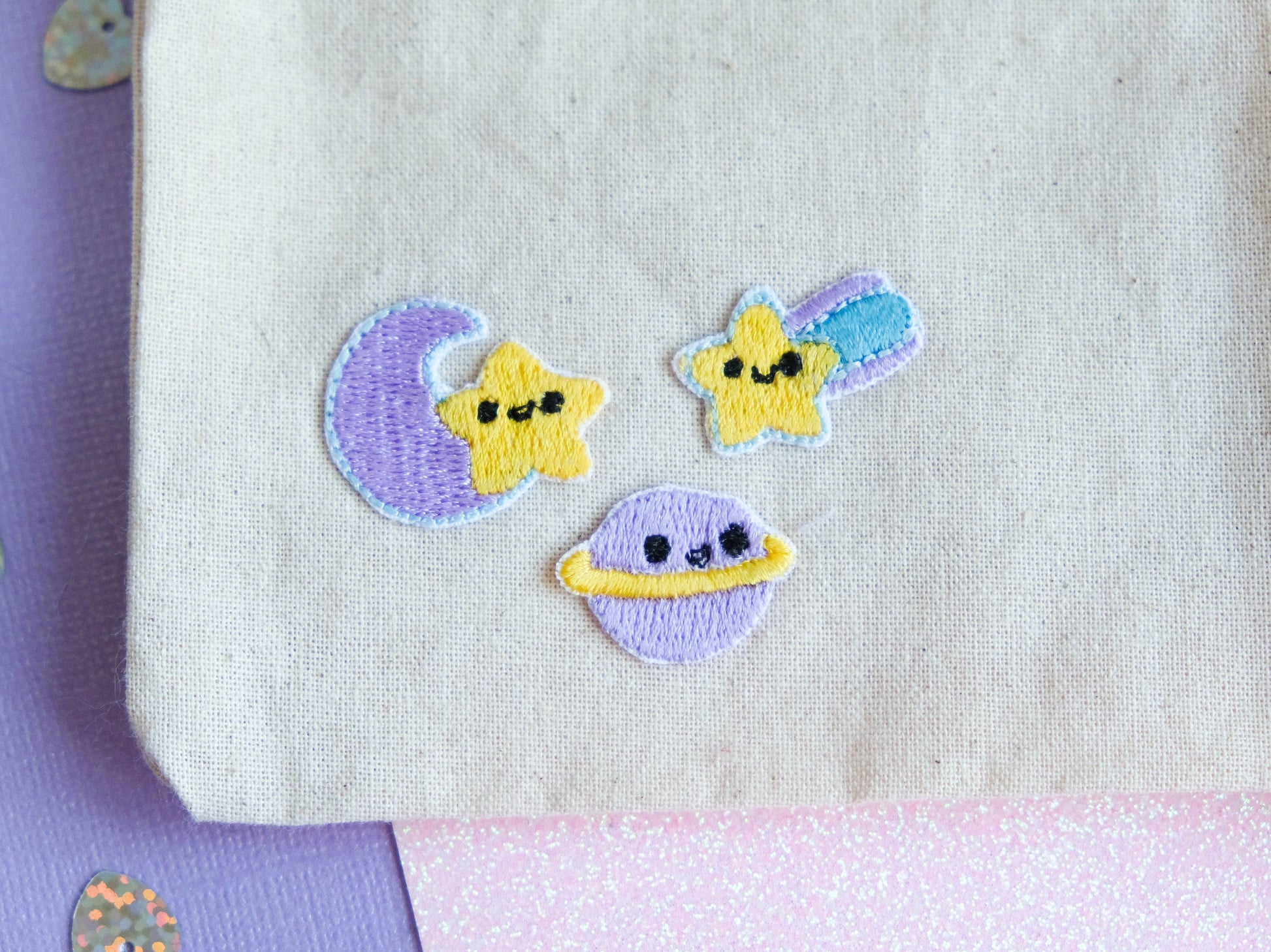 Pack mini patch iron-on embroidery cute galaxy with stars and planets to decorate jackets and jeans