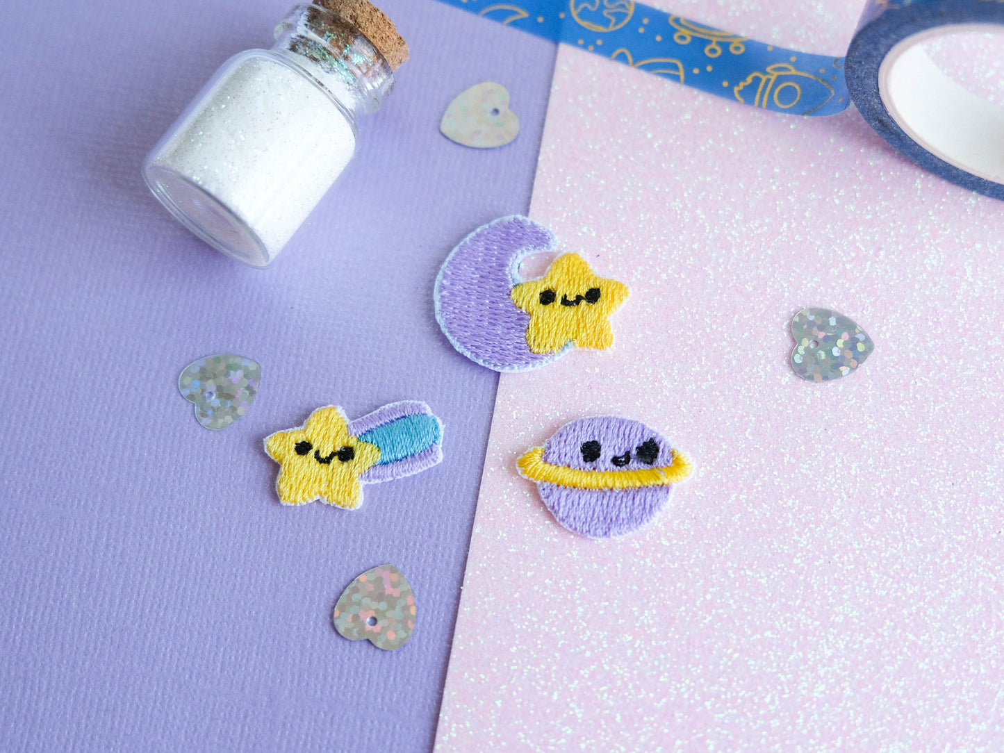 Pack mini patch iron-on embroidery cute galaxy with stars and planets to decorate jackets and jeans