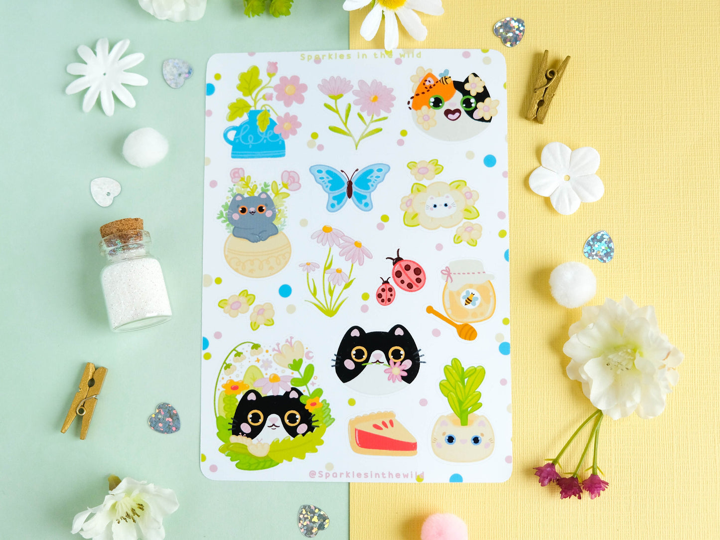 Sticker sheet water resistant colorful Spring with flowers and cats perfect for Bullet Journal and planner