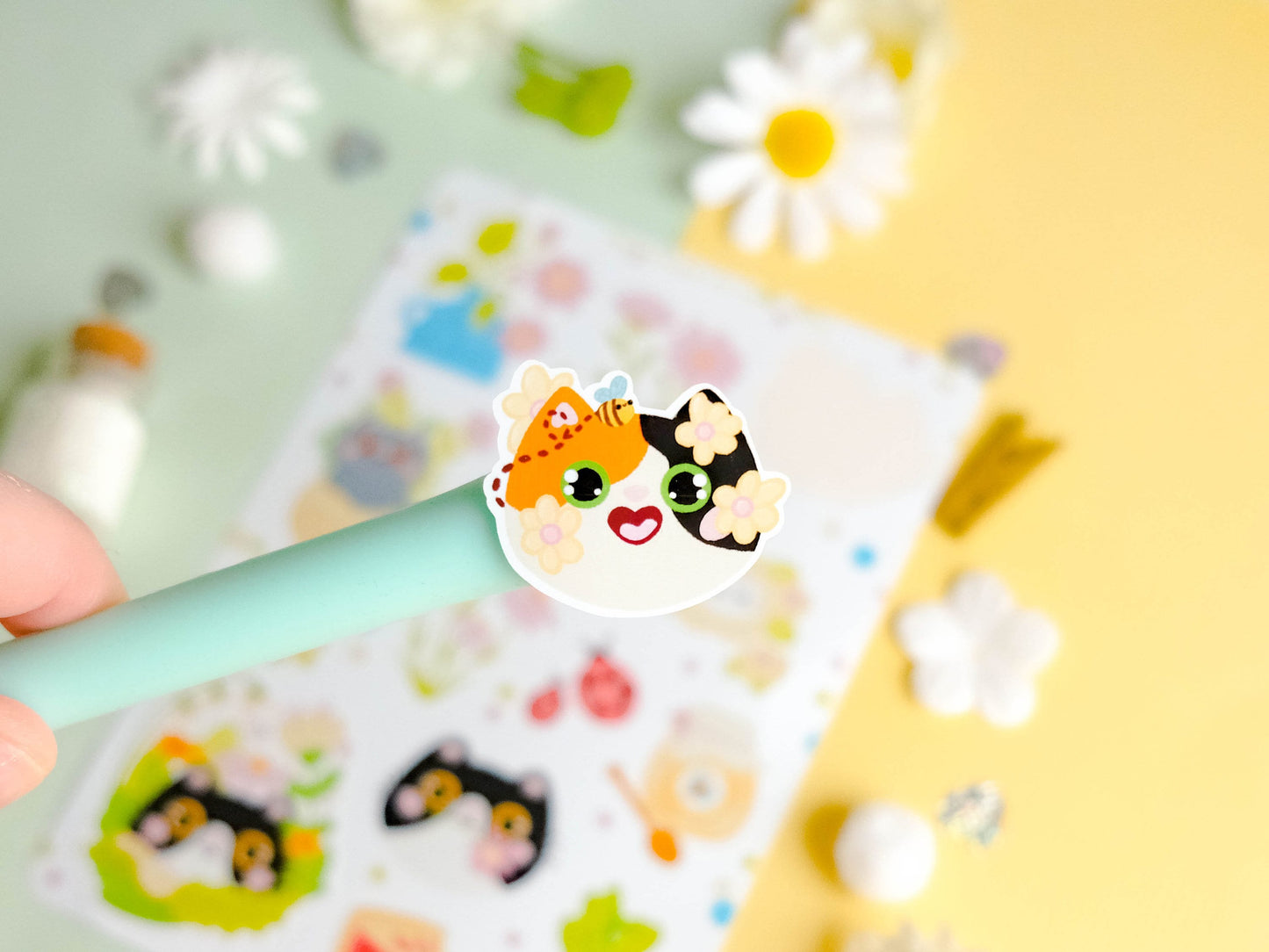 Sticker sheet water resistant colorful Spring with flowers and cats perfect for Bullet Journal and planner