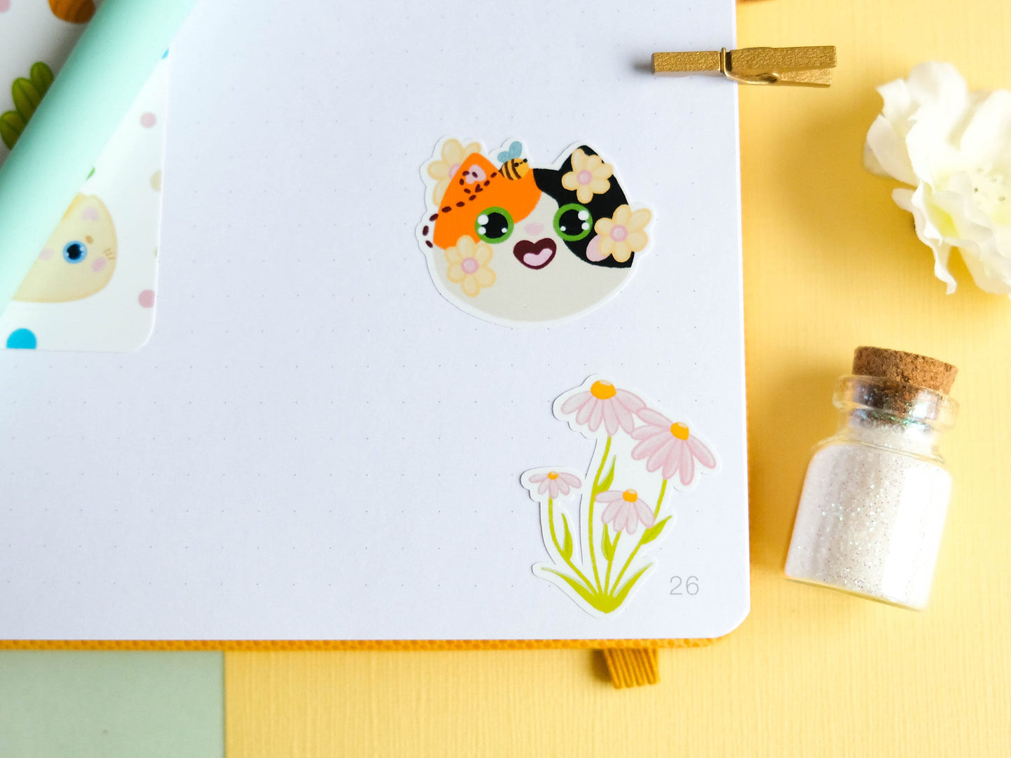 Sticker sheet water resistant colorful Spring with flowers and cats perfect for Bullet Journal and planner
