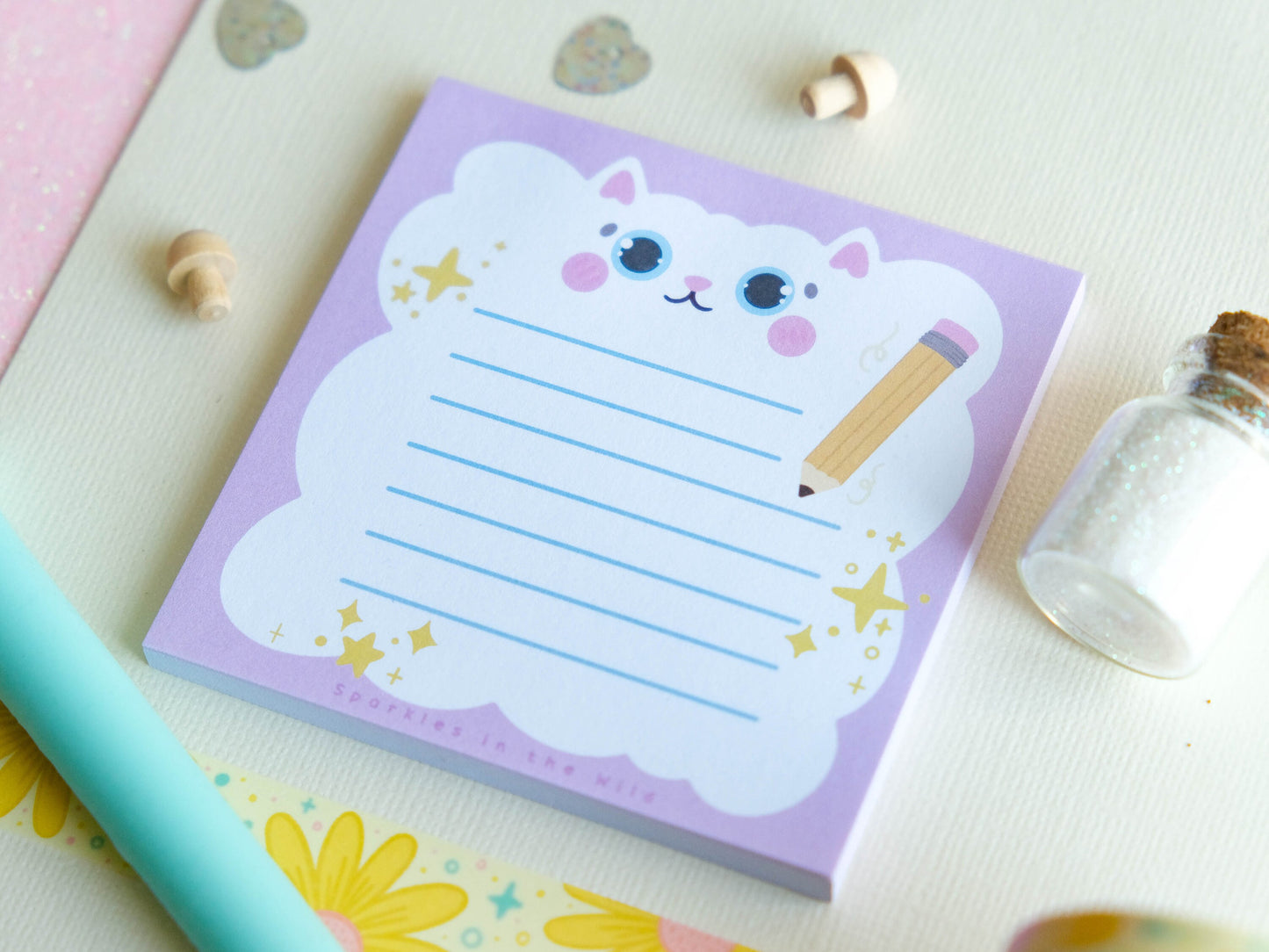 Square notepad with detachable sheets for book lovers, featuring a library and a cozy sleeping cat ambiance with 50 sheets for note-taking