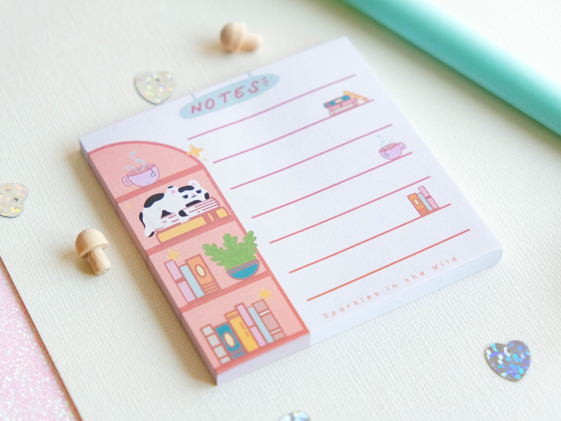Square notepad with detachable sheets for book lovers, featuring a library and a cozy sleeping cat ambiance with 50 sheets for note-taking