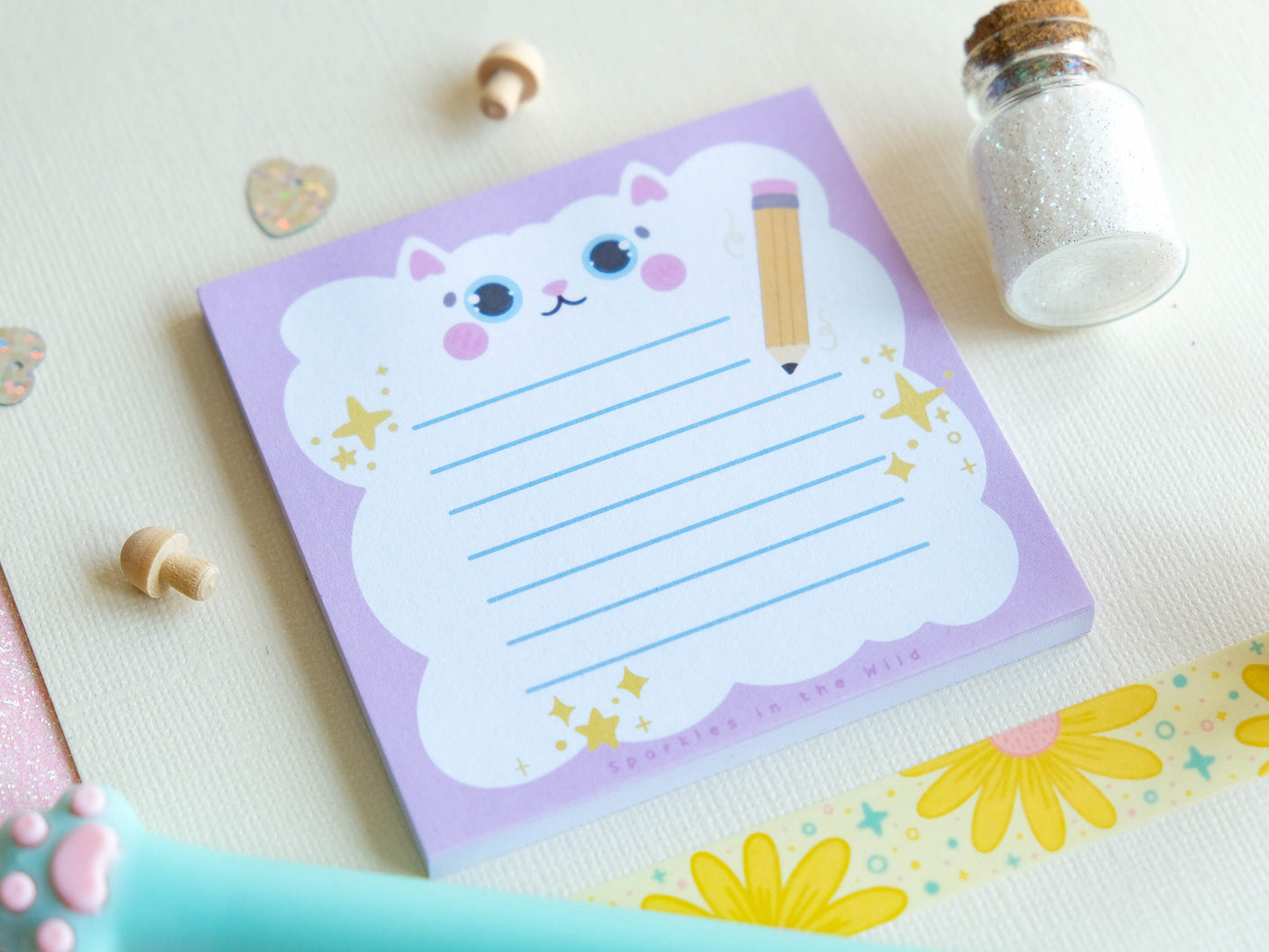 Square notepad with detachable sheets for book lovers, featuring a library and a cozy sleeping cat ambiance with 50 sheets for note-taking