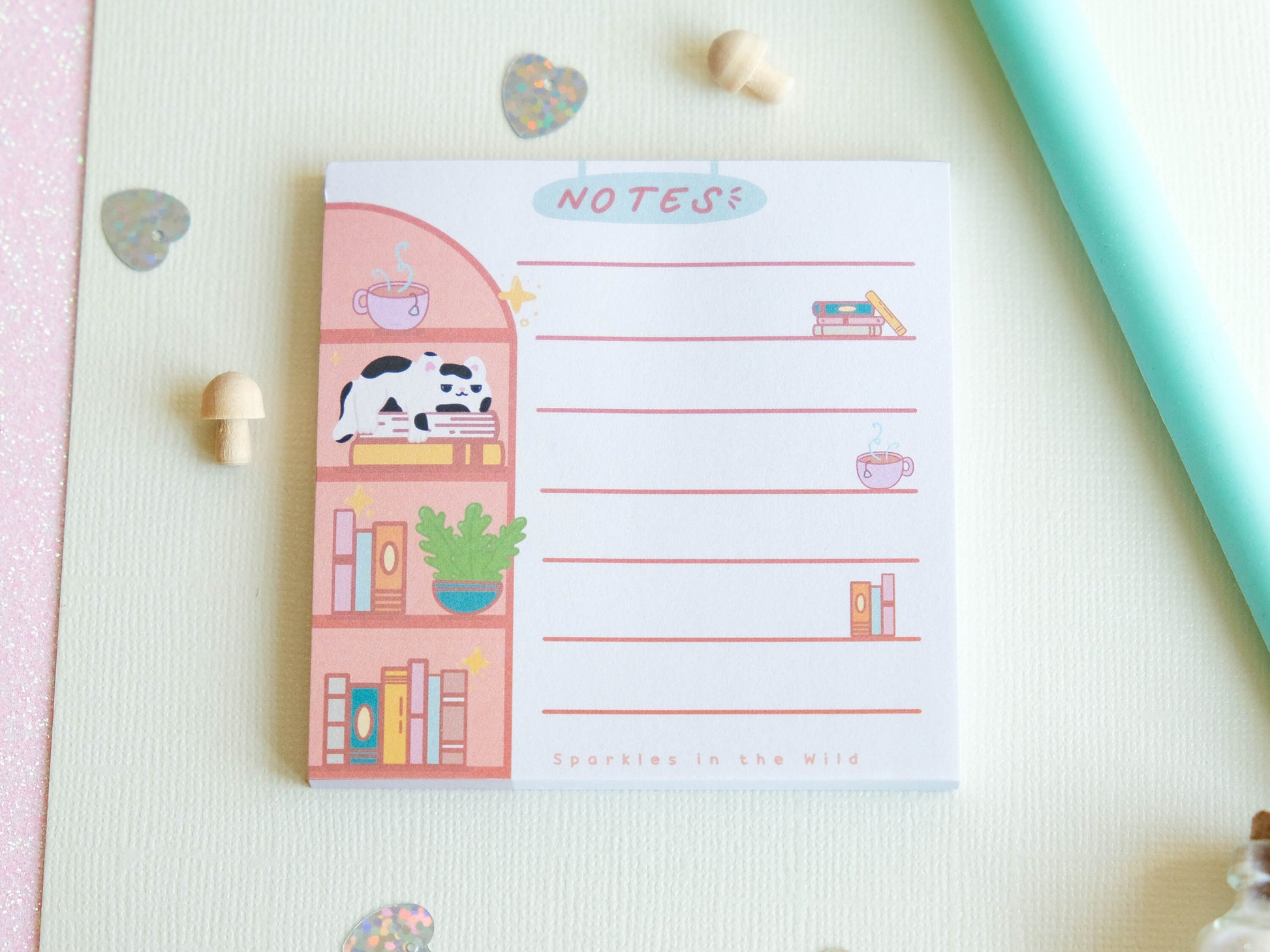 Square notepad with detachable sheets for book lovers, featuring a library and a cozy sleeping cat ambiance with 50 sheets for note-taking