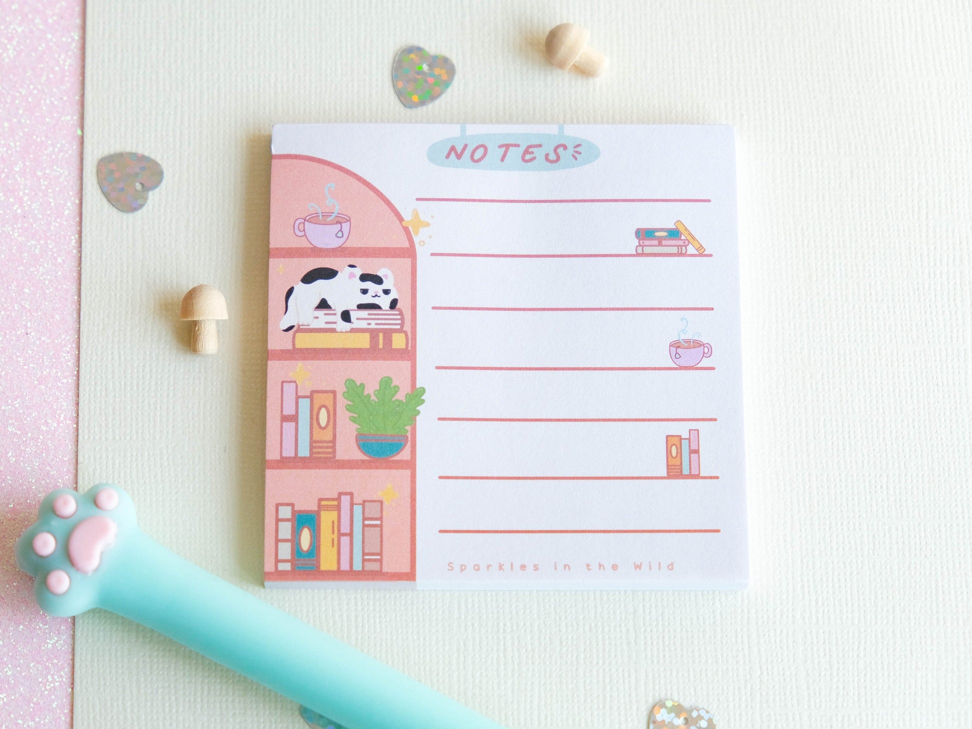 Square notepad with detachable sheets for book lovers, featuring a library and a cozy sleeping cat ambiance with 50 sheets for note-taking