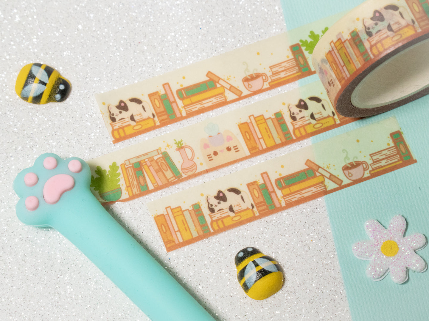 Bookshelf Sleepy Cat Washi tape - Whiskered Longers Collection