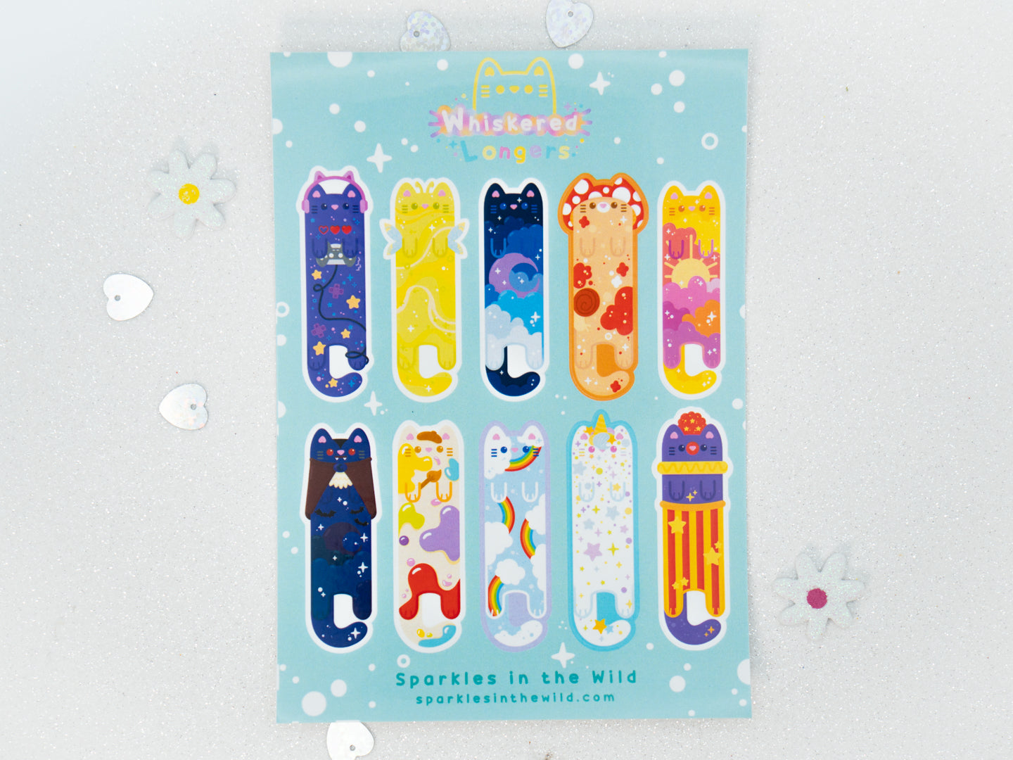 Long Cute Cat Sticker Sheet - Blue Series - Whiskered Longers Collection