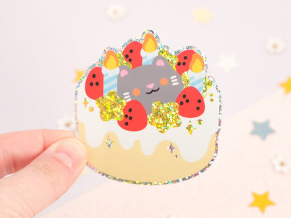Birthday Cake Cat Glitter Sticker