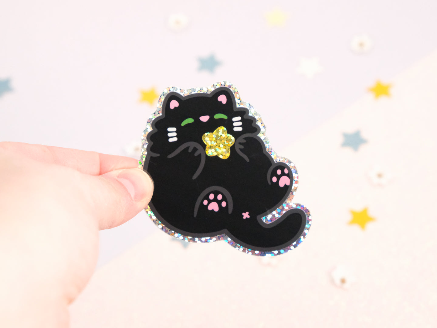 Black Cat Glitter Star Sticker