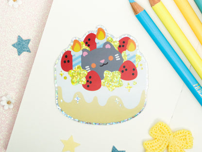 Birthday Cake Cat Glitter Sticker