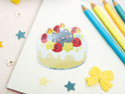 Birthday Cake Cat Glitter Sticker