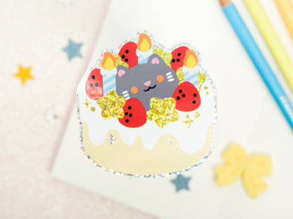 Birthday Cake Cat Glitter Sticker