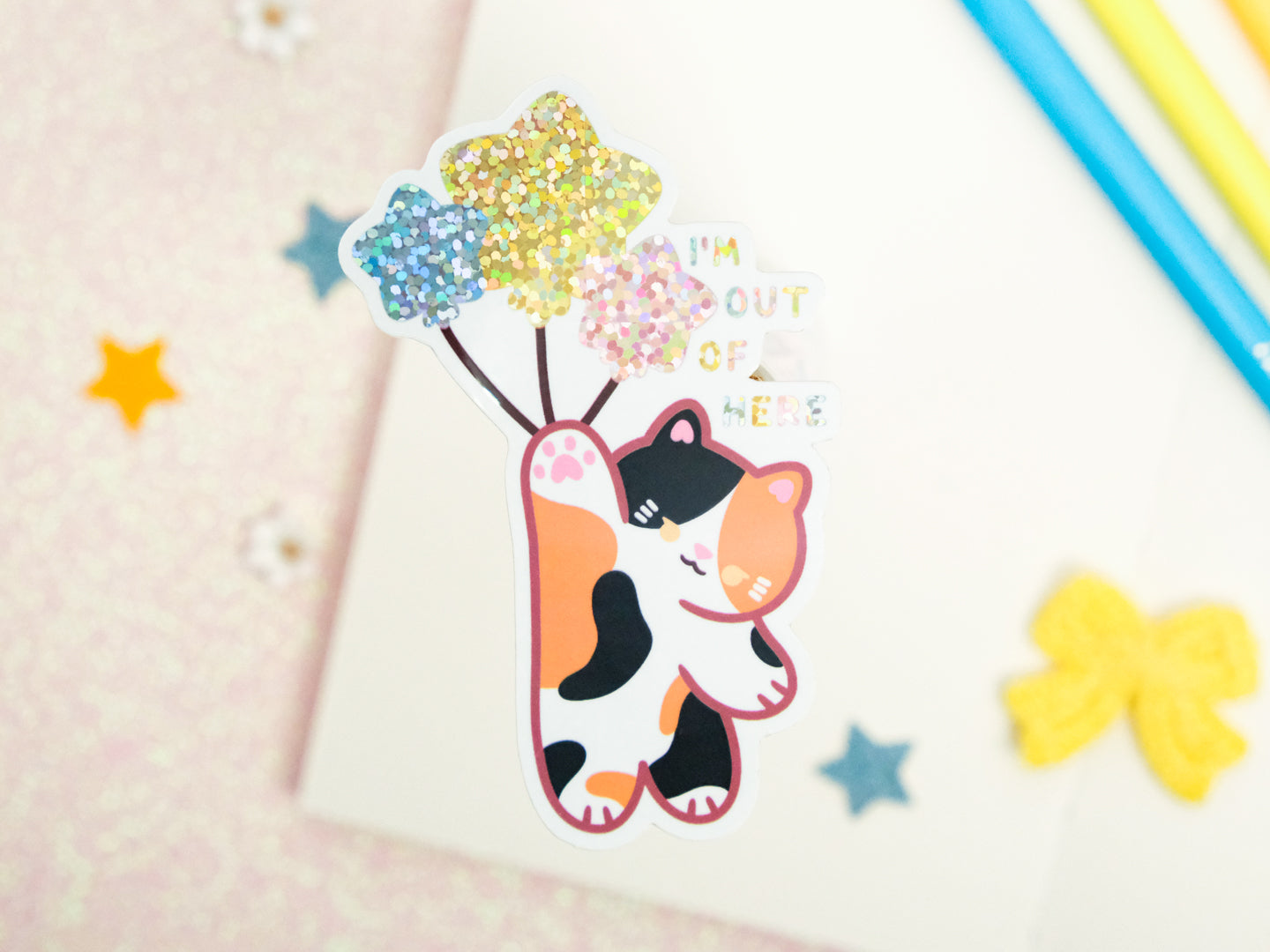 Calico Cat Balloon Glitter Sticker