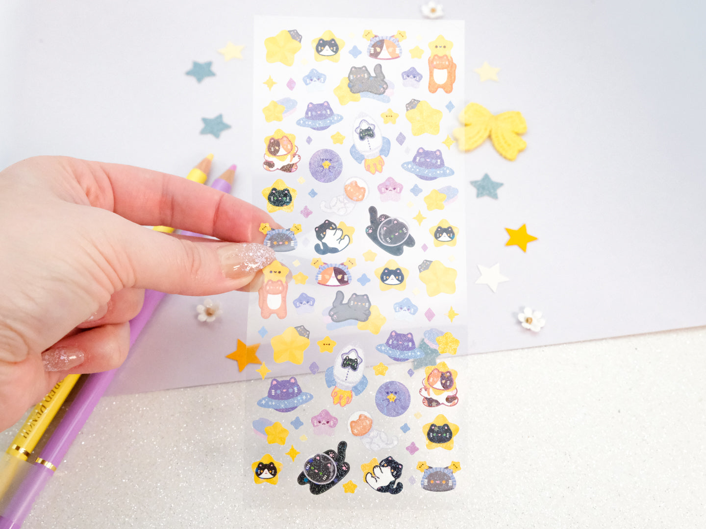 Feuille d'autocollants Deco Paillettes Chat de l’Espace