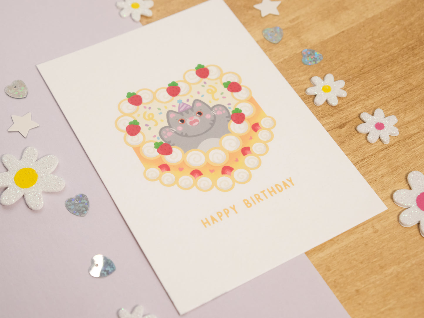 Carte d'Anniversaire Chat Gris et Gâteau