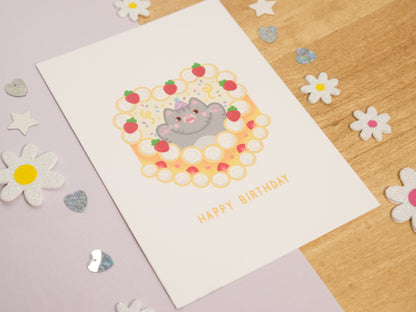 Carte d'Anniversaire Chat Gris et Gâteau