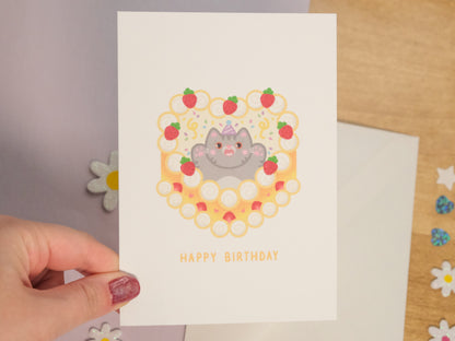 Carte d'Anniversaire Chat Gris et Gâteau