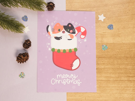 Carte de Vœux de Noël Chat Calico et Chaussette de Noël