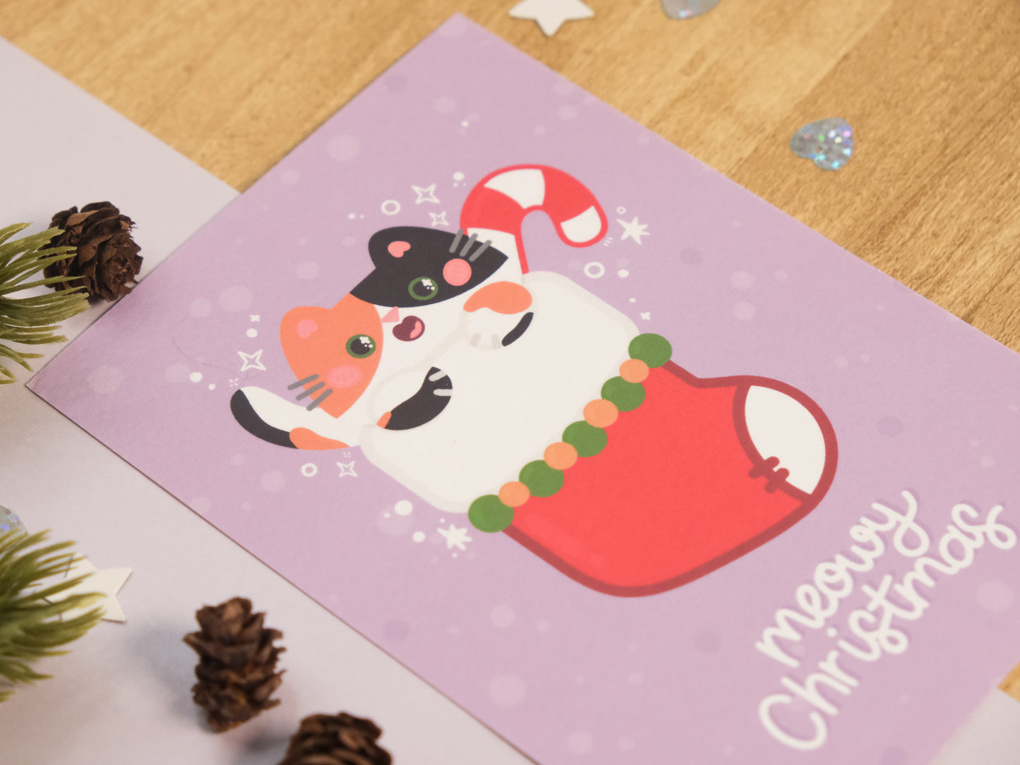 Carte de Vœux de Noël Chat Calico et Chaussette de Noël