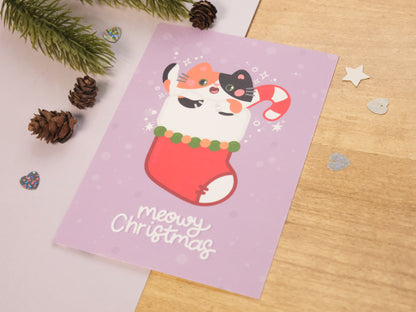 Carte de Vœux de Noël Chat Calico et Chaussette de Noël