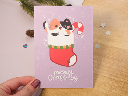 Carte de Vœux de Noël Chat Calico et Chaussette de Noël