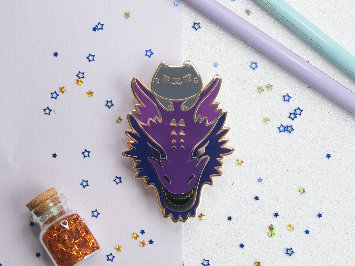 Grey Kitty Riding a Purple Dragon Pins