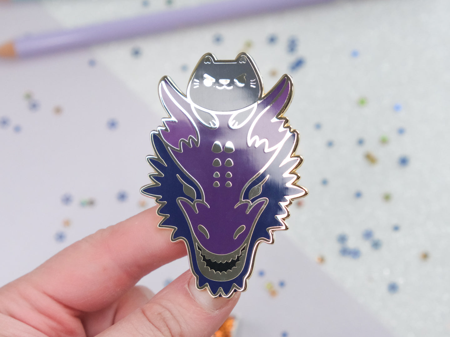 Grey Kitty Riding a Purple Dragon Pins