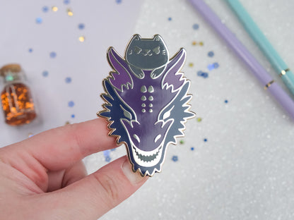 Grey Kitty Riding a Purple Dragon Pins