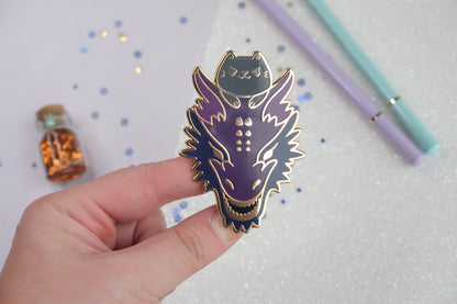 Grey Kitty Riding a Purple Dragon Pins