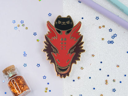 Black Kitty Riding a Red Dragon Pins