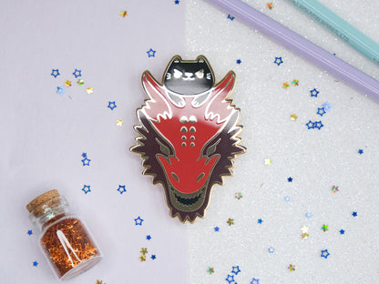 Black Kitty Riding a Red Dragon Pins