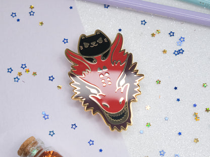 Black Kitty Riding a Red Dragon Pins